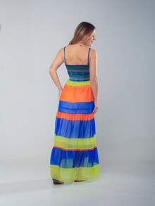 KIARA BRAZIL Color Block Maxi Dress With Spaghetti Straps And Flowy Layered Skirt Boho Chic Vibrant Summer Look #309-49.2# - 橘色 - 查看 4