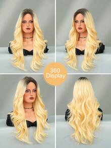 24 Inch Long Wavy Golden Ombre Wig For Women Heat Resistant Fiber Middle Part Hairpiece Dark Roots,Natural Synthetic Full Machine Hair Wigs For Daily Music Festival Party Wear, Cosplay Halloween & Street Photography Use - 漸變金色 - 查看 6