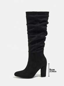 Women's Black Pointed Toe Chunky Heel Mid-Calf Boots, Suede Slip-On Sexy Knee-High Boots For Autumn/Winter - Black - View 4