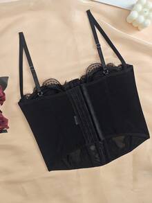 Lace Bustier Corset | Mesh Insert Spaghetti Straps Slim Fit Top - 黑色 - 查看 9