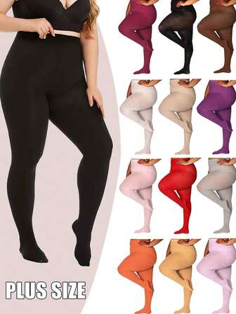1 par damtights i plusstorlek, 80D ogenomskinliga enfärgade tights, mjukt polyesterfibermaterial, handtvättbara, finns i en mängd olika färger, tights med hög midja, lämpliga för kvinnor i plusstorlek, mysiga