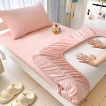 1pc Solid Color Fitted Sheet, Mattress Protector, Soft & Breathable, Fits Various Bed Sizes - Twin, Full, Queen, King. Deep Pocket Design Up To 11.8 Inches, Home Textile, Wrinkle-Resistant, Promotes Better Sleep, Machine Washable. - Baby Pink - View 7