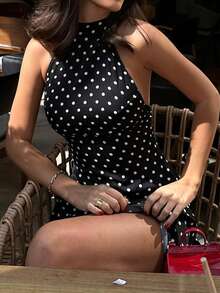 Women Mini Halter Neck Dress Dot Print Sleeveless Open Back A-Line Dress For Daily Party Club - màu đen - Xem 5