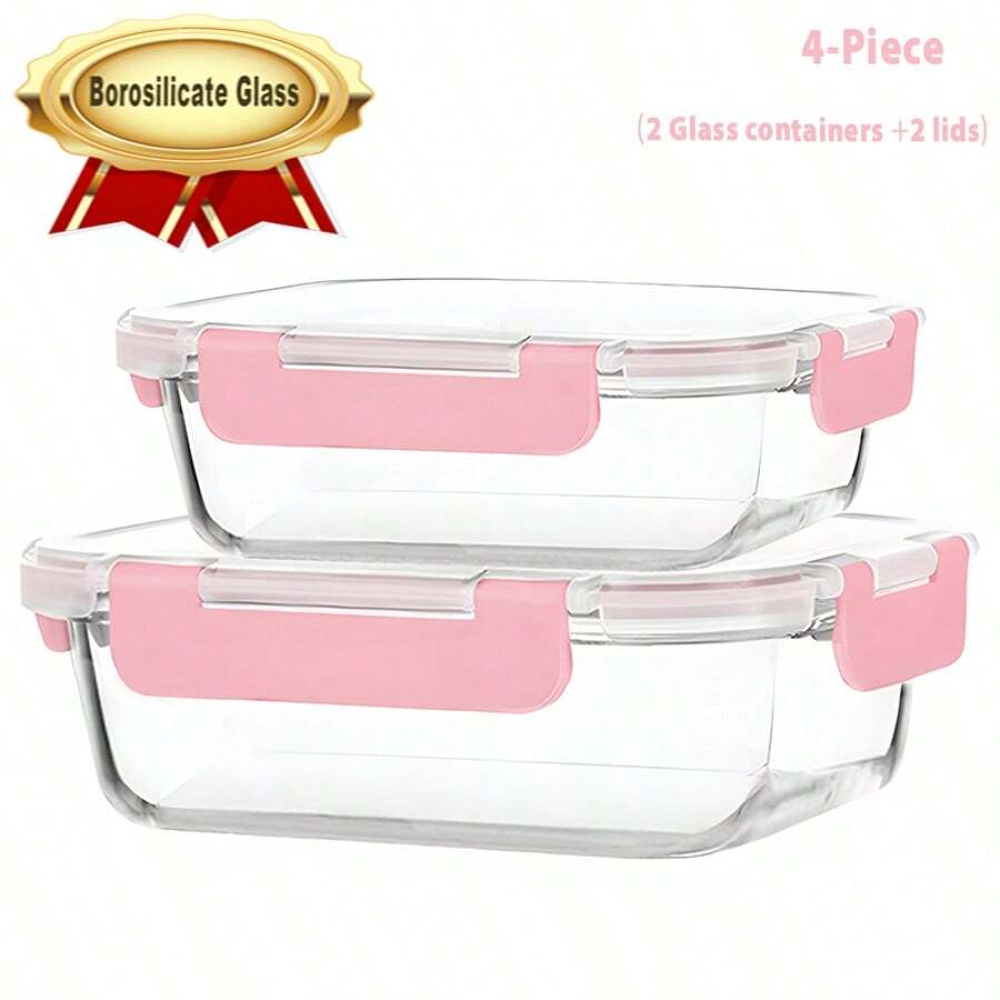 [10-Piece Set] Glass Food Storage Container Set With Sealed Lids, Glass Lunch Boxes For Home Kitchens And Office Lunches, Pink - Pink 2Pcs - View 1