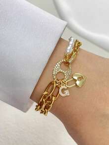 1件 STYLEVER 金色全水钻双孔吊坠字母手链，A-Z 字母链，不锈钢链，适合庆典和日常佩戴 - 金黃色 - 查看 13