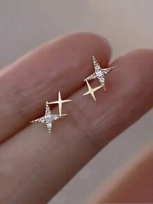 1 Pair Double Star Earrings - 18K Gold Plated Cubic Zirconia Studs, Elegant Proposal & Engagement Gift For Women, Luxury Everyday Jewelry - Vàng - Xem 1