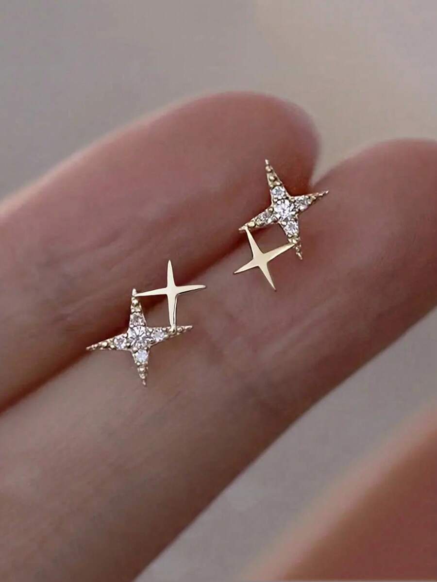 1 Pair Double Star Earrings - 18K Gold Plated Cubic Zirconia Studs, Elegant Proposal & Engagement Gift For Women, Luxury Everyday Jewelry - Vàng - Xem 1