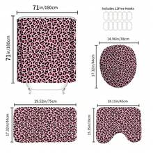 4PCS Leopard Pattern Print Shower Curtain Set, Stylish Bathroom Decoration, Soft Fabric Shower Curtain, Toilet Lid Cover Pad, Bathroom Non-Slip Bath Mat, 12 Plastic Hooks, 71x71 Inches - 粉色 - 查看 9