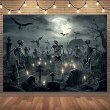 Telón de fondo plano 2D de cementerio de terror, esqueleto de luna llena de tela de poliéster, accesorio fotográfico reutilizable, adecuado para Halloween, bodas, cumpleaños, aniversarios, bar/bat , decoración del hogar multiusos