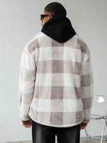 Loose Pattern Lapel Sleeve Lightweight Jacket, Casual Outerwear, Colorful, Long Sleeve, Outdoor, Casual, Boyfriend Gift, Fleece, Men's Plaid Shacket, Black And White Jacket, Plaid Shacket, Fall Winter