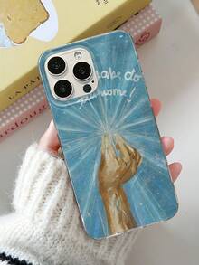 1pc Blue Radiating Light Oil Painting Hand Gesture Phone Case, Artistic English Handwritten Font Creative Illustration Full Coverage Protective Shell Compatible With IPhone17/17Pro/17ProMax/16/16Plus/16ProMax/16e/15ProMax/11/12/12Pro/12ProMax/13/13Pro/13ProMax/14/14Pro/14ProMax - Transparent Fireworks - View 6