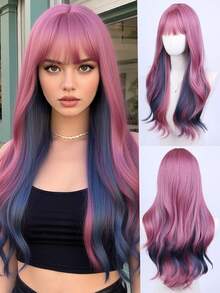 Blue Pink Bangs Wavy Long Wig 26 Inches For Party Styling Versatile Fashion Look