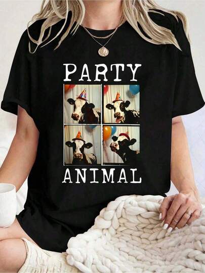 100% Cotton Cow Face Colorful Farm Animal Party Hat Funny Cow T-Shirt Women's Men's Black Crew Neck T-Shirt Breathable Summer Tee
