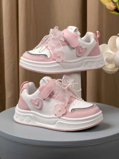 2026 New Fashion Comfortable Sports Shoes For Kids, Pearl Lace Bow Decor, Color Block Design, Versatile Children Sports Sneakers, Girls Shoes, Student Shoes, Boys Sports Shoes, Girls Sports Shoes, Kids Sports Shoes