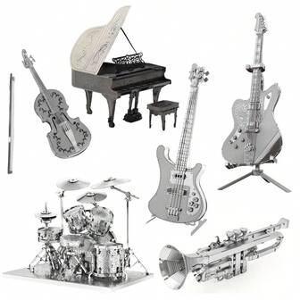 3D Metal Puzzle DIY Metal Assembly Model Musical Instrument Guitar, Bass, Drum Set, Piano, Violin, Trumpet Model, Christmas Gift, Bestseller, Snap-Fit Assembly, No Glue Required