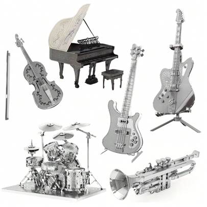 Rompecabezas metálico 3D DIY Modelo de ensamblaje metálico Instrumento musical Guitarra, Bajo, Batería, Piano, Violín, Trompeta, Regalo de Navidad, talla grande vendido, Ensamblaje a presión, No se requiere pegamento