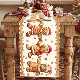 1 Piece Of Holiday Christmas Themed Table Runner - Gingerbread Man And 'Merry Christmas' Text Design, Made Of Linen Material For Winter Holiday Decoration, Suitable For Home, Kitchen, Restaurant, Dining Room, Indoor Holiday Farmhouse Decoration, Holiday Table Decoration With Winter Christmas Theme, Is An Ideal Christmas Gift.
