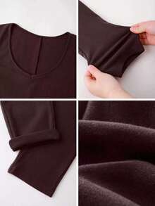 VIVINA Women's Autumn/Winter Casual Versatile Minimalist Solid Color Elegant Deep V-Neck Slim Fit Elastic Fleece-Like Outdoor Long Sleeve Jumpsuit, Chocolate Brown Slim Fit Fleece-Like Long Sleeve Jumpsuit - Brown - View 9