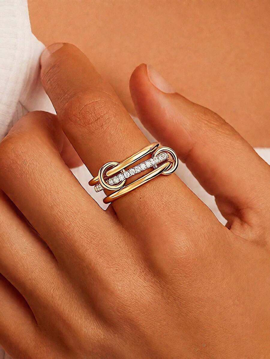 1pc Stainless Steel Interlocking Triple Rhinestone Ring, Multicolor, Versatile Daily Wear - Gold - View 1