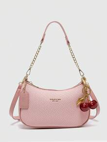 New Fashion Classic Wild Letter Pattern Decoration Design Solid Color Pu Waterproof Fabric Shoulder Bag Crescent Bag Underarm Bag Suitable For Shopping, Can Be Slung. With Cherry Pendant Decoration, Summer Crescent Bag, Seaside Holiday, School Season, Ladies Purse. - Pink - View 1