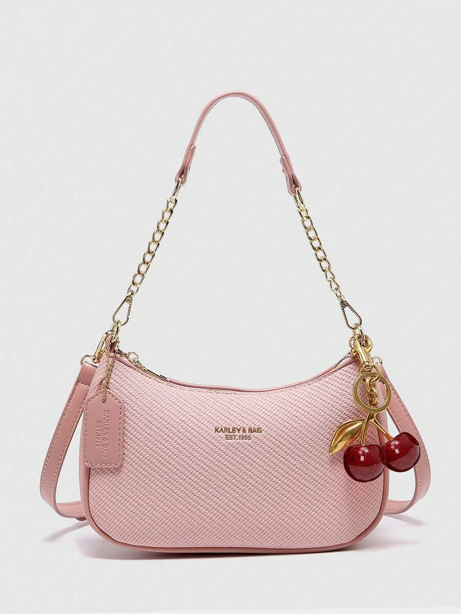 New Fashion Classic Wild Letter Pattern Decoration Design Solid Color Pu Waterproof Fabric Shoulder Bag Crescent Bag Underarm Bag Suitable For Shopping, Can Be Slung. With Cherry Pendant Decoration, Summer Crescent Bag, Seaside Holiday, School Season, Ladies Purse. - Pink - View 1