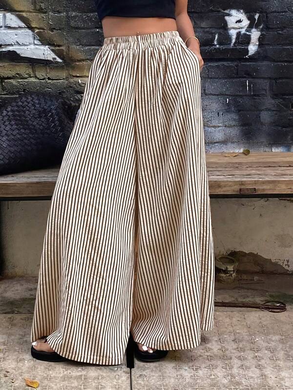 Women's Spring Summer Casual Elegant Striped Wide Leg Pants With Elastic Waist And Pockets - Loose Casual Pants For Spring Summer