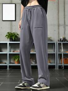Men's Drawstring Linen Pants With Pockets Stylish Solid Casual Mid Rise Wide Leg Trousers For Spring/Autumn - Grey - View 4
