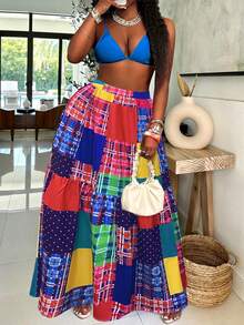 Plus-Size-Holiday Chic Bohemian Plaid Print Patchwork Elastic Waist Waist Side Pocket Half Skirt. - Pink - View 6