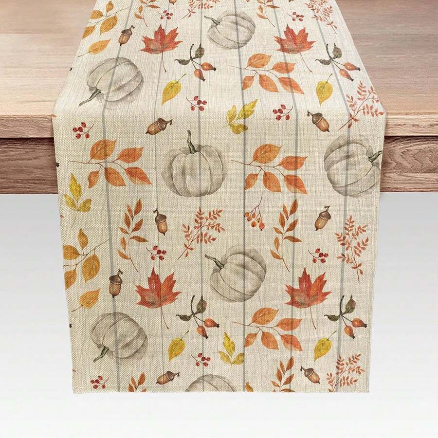 1pc Pumpkin Leaf & Brown Wood Autumn Table Runner, Linen Pumpkin Thanksgiving Table Runner, Seasonal Fall Kitchen Dining Table Runner, Autumn Theme Home Party Decor