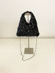 1pc Elegant Beige Sequin Embellished Minimalist Shiny Handbag, Suitable For Formal Events, Parties, Dates