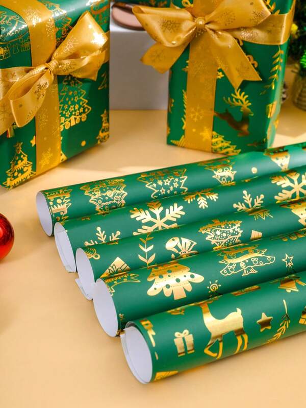 6pcs/12pcs Christmas Foil Gift Wrapping Paper - 19.69 Inch X 27.56 Inch, Featuring Metallic Green And Gold Reindeer, Christmas Tree, Snowflake Patterns - With Lamination Finish For Glossy Look, Ideal For Holiday Gifts, Birthday, Party Decor And Christmas Gift Boxes, Elegant Wrapping Paper, High-Quality