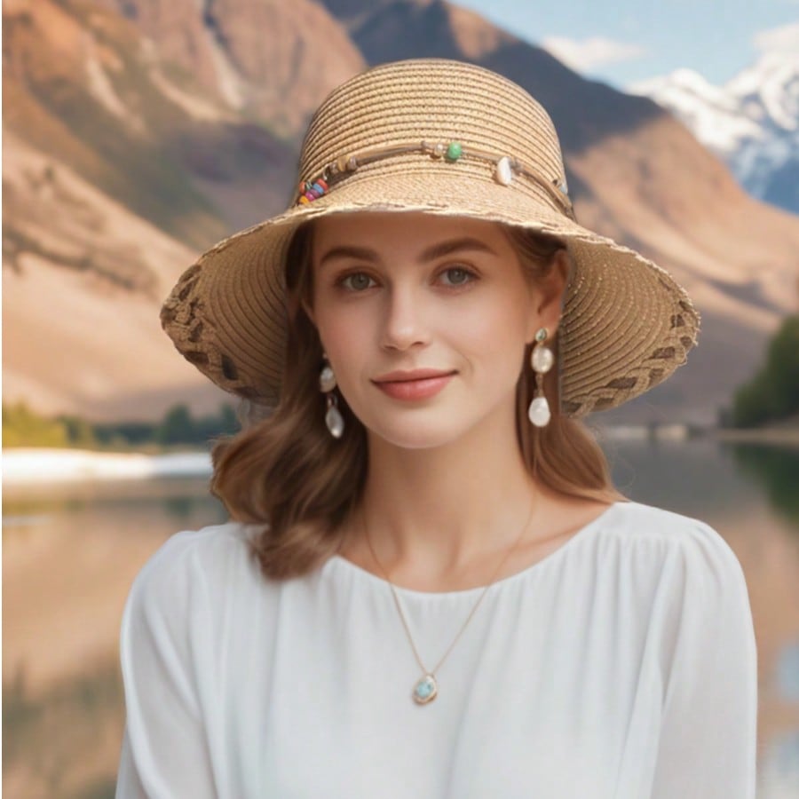 1 Piece Women's Summer Straw Hat - Bohemia & Elegant Style, Straw Material, Colorful Bead & Shell Band Detail, Wide Sun - Protective Brim, Ideal For Beach, Easter & Casual Scenes, Easy To Fold For Storage, In Khaki & Beige, Bucket Hat Women Design, Must - Have Sun Hat For Summer, Blending Retro & Fashionable Vibes,