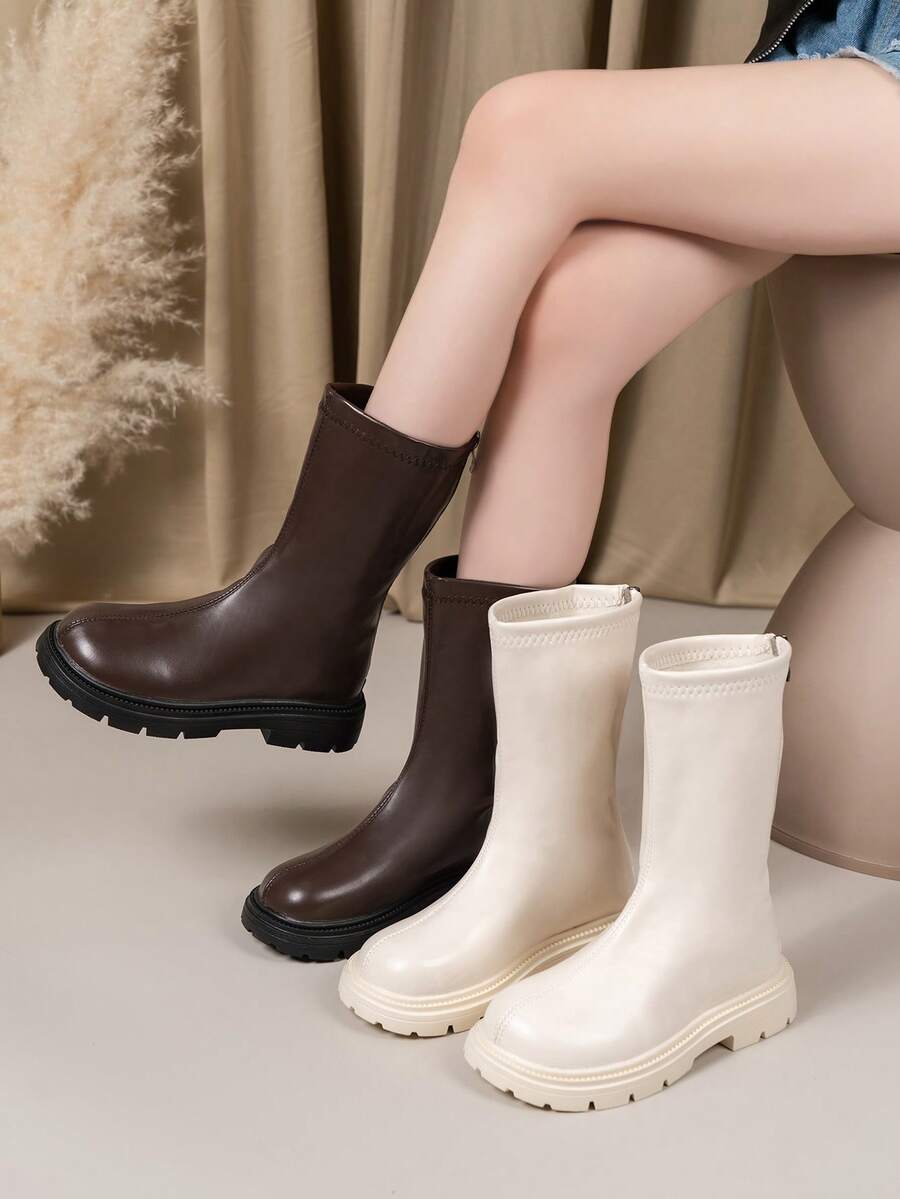 1 Pair Girls' Leather Boots, 2025 Winter New Kids Thermal Lined Mid-Calf Boots, Soft Sole, Girls' Mid-Calf Boots, For Older Kids