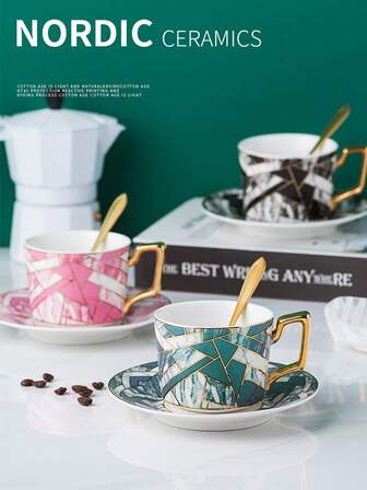 Ett set med kreativa keramiska kaffekoppar och fat, lämpliga för kontorsbruk, afternoon tea och avslappnade tillfällen.