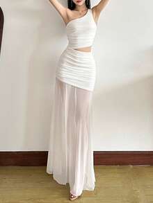 Top Dazzle 纯色修身时尚单肩不对称无袖连衣裙 - 白色 - 查看 4