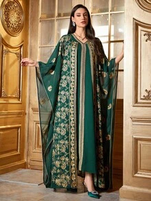 Women's Elegant Long Sleeve Embroidered Dress With Bat Sleeves, Arabic Style Two Pieces Set - Dark Green - View 5