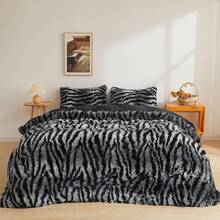Cheetah Print Fluffy Faux Duvet Cover Set, 3 Pieces Soft Plush Shaggy Fuzzy Bedding Set (1 Leopard Print Comforter Cover + 2 Pillow Cases), Zipper Close (King, Brown) - Zebra Print Grey - View 1