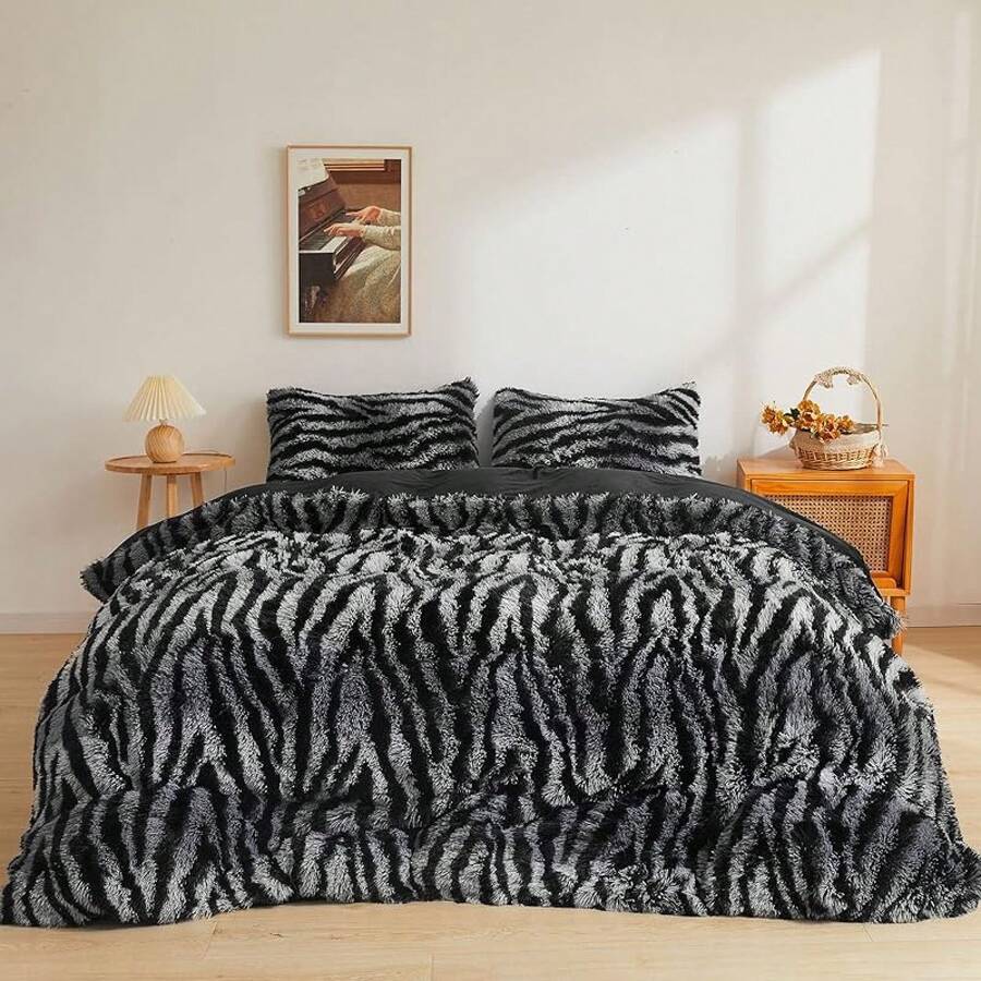 Cheetah Print Fluffy Faux Duvet Cover Set, 3 Pieces Soft Plush Shaggy Fuzzy Bedding Set (1 Leopard Print Comforter Cover + 2 Pillow Cases), Zipper Close (King, Brown) - Zebra Print Grey - View 1