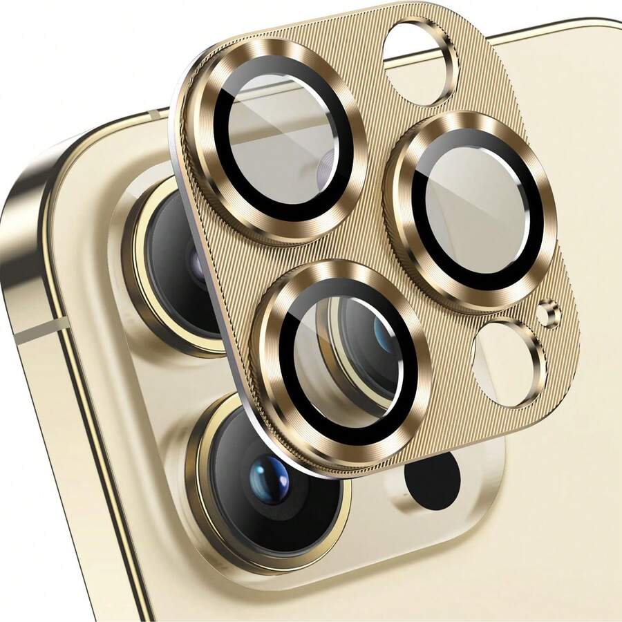 1 pieza Protector de pantalla de lente de cámara de vidrio y metal compatible con iPhone 16 15 Pro Max 14 Plus 13 12 Mini 11 Pro Max, película protectora de lente de cámara anti-arañazos aplicable a protección diaria, oficina, hogar, protector de cámara de teléfono a prueba de agua, a prueba de golpes y resistente a arañazos - Dorado - Ver 1