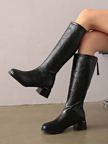 2025年春夏季新款女士过膝靴，粗跟，及膝，后拉链 - 黑色 - 查看 2