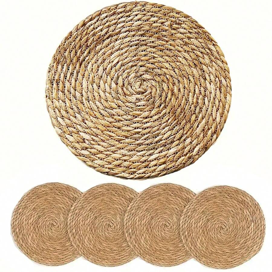 4-Piece Round Placemat Natural Braided Seaweed Fiber - Màu be - Xem 1