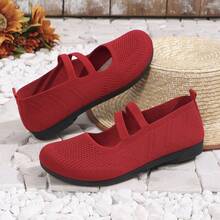 轻便透气女式一脚蹬运动鞋 - 休闲黑色针织面料步行鞋，舒适耐用的亚麻鞋垫，圆头设计，适合休闲穿着，女式运动鞋 - 紅色 - 查看 4