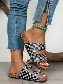 Women's Flat Sandals, Black & White Polka Dot Fashion Element, Soft Cork Bottom, Breathable Flat Summer Shoes, Latex Pad And Suede Lining, Arch Support Flat Slippers, Suitable For Beach, Vacation And Home Relaxation