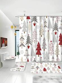 1/3/4 Pcs Christmas Tree Shower Curtain Set, Bathroom Decor Set Includes Waterproof Shower Curtain, Non-Slip Bath Mat, Toilet Seat Cover, Bath Rug And 12 Plastic Hooks, Bathroom Accessories, Home/Bar/Live Streaming Decor