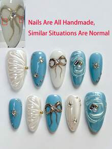 10 件浅蓝色手工按压指甲，杏仁形手工假指甲，3D 贝壳，蝴蝶结，太阳装饰，适合女孩和女士日常使用，节日指甲装饰，含果冻胶和指甲锉 美甲用品 - 淺藍色 - 查看 12