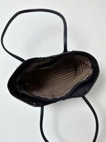 时尚纯色围巾装饰 PU 托特包，大容量通勤复古简约单肩包百搭手提包适合女性 - 黑色 - 查看 6