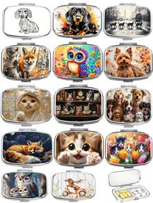 1pc Owl, Puppy, Fox, Cat Pattern Printed Square Pill Box, 2 Compartment Portable Pill Case For Pocket Or Wallet, Decorative Metal Medicine Vitamin Storage Box For Pocket, Wallet, Travel, Unique Gift - Multicolor - View 10