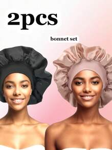2 件套帽子套装，黑色及多种颜色组合，丝绸帽子，缎面帽子，丝绸睡眠发帽，大号帽子，柔软时尚睡帽和日常护发帽。