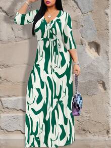 Deep V-Neck Elegant Short Sleeve Dress, Women Summer Clothing - Green - View 3