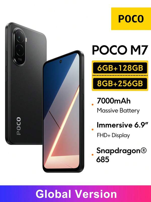 Xiaomi POCO M7 NFC Smartphone 6GB + 128GB / 8GB + 256GB Global Version Immersive 6.9" FHD+ Display 144Hz Refresh Rate Massive 7000mAh (Typ) Battery 33W Fast And 18W Reverse Charging 50MP Al Dual Camera Snapdragon 685 AI Face Unlock IP64 Water & Dust Resistance,Christmas Gifts For Children And Parents